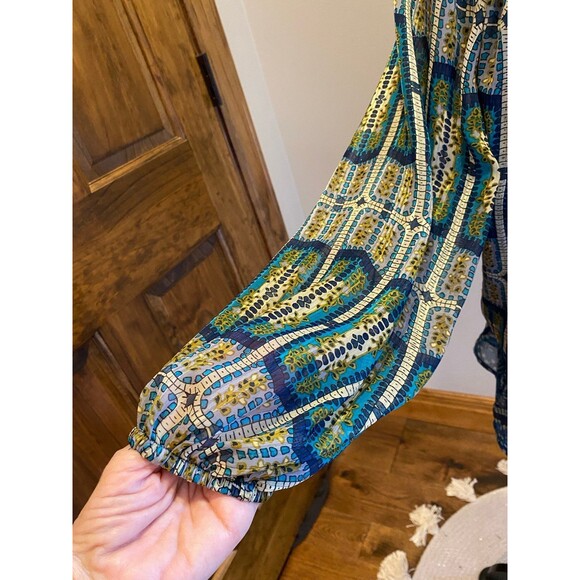 FIGUEROA & Flower Blouse Sz Large Boho Peasant Elastic Waist Blue Green Top - Picture 3 of 12